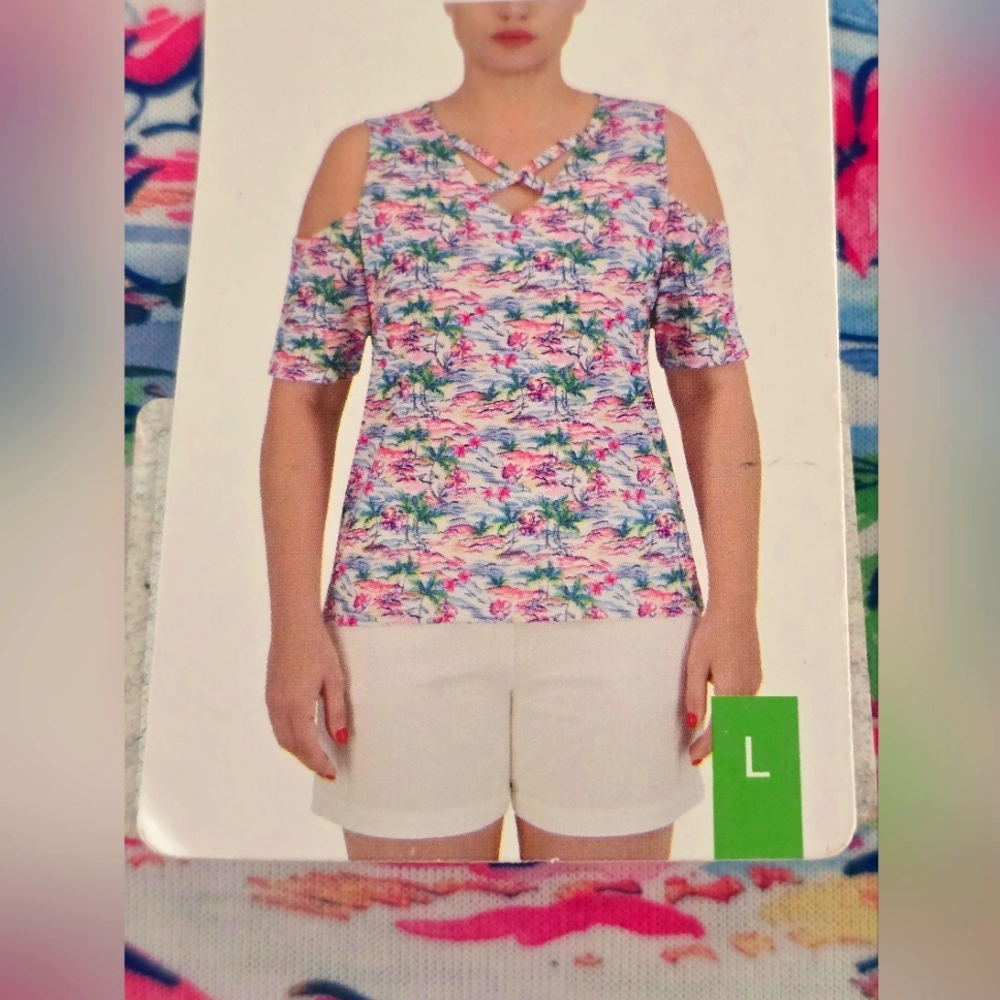 NWT Stella Parker Blouse Women's Multicolor Cold Shoulder Top Island L CrissCros